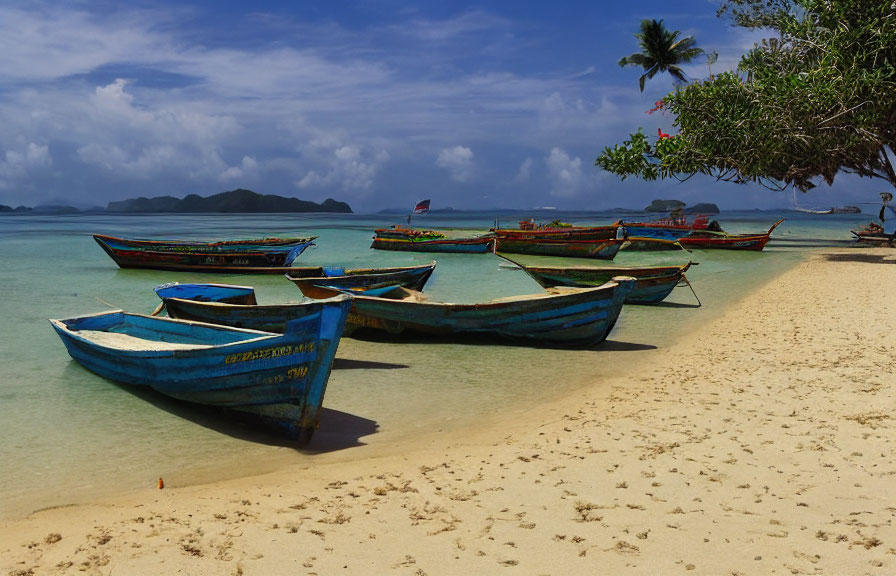 Wooden Boats on Sandy Beach with Clear Waters, Greenery, Mountains, Cloudy Sky