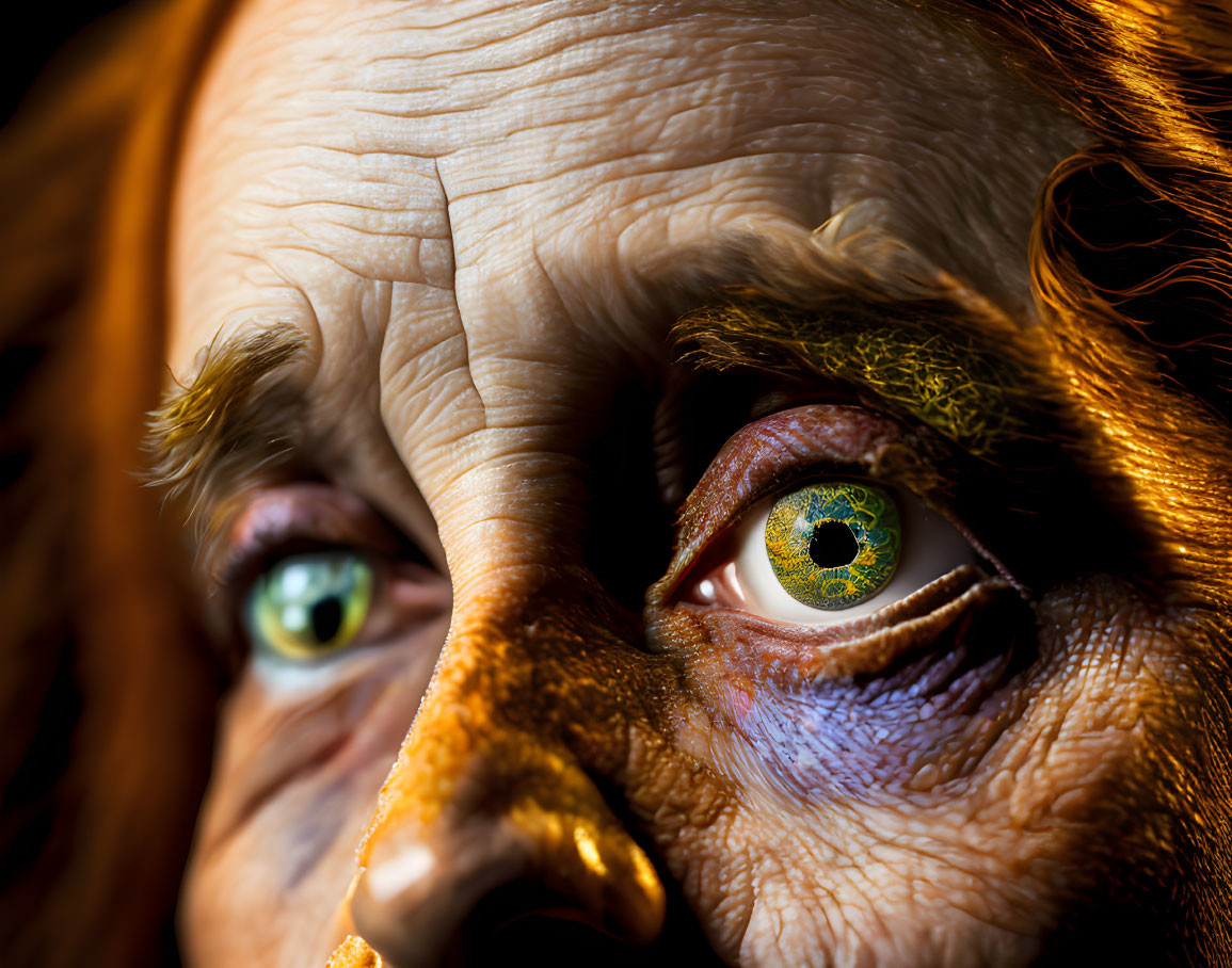 Detailed Close-up of Intense Human Eye with Orange and Purple Makeup