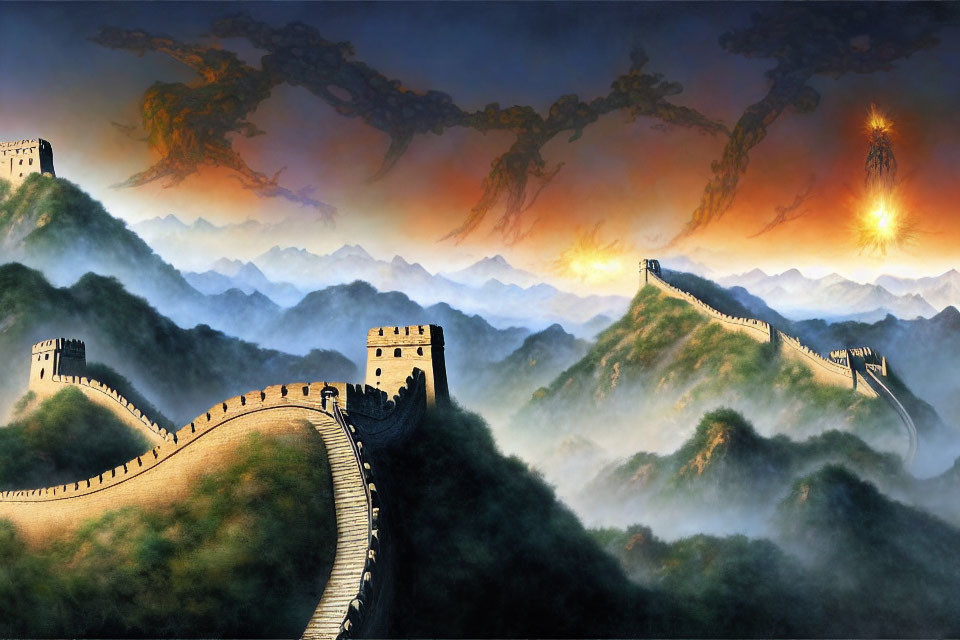 Great Wall of China winding over lush mountains under dramatic sky