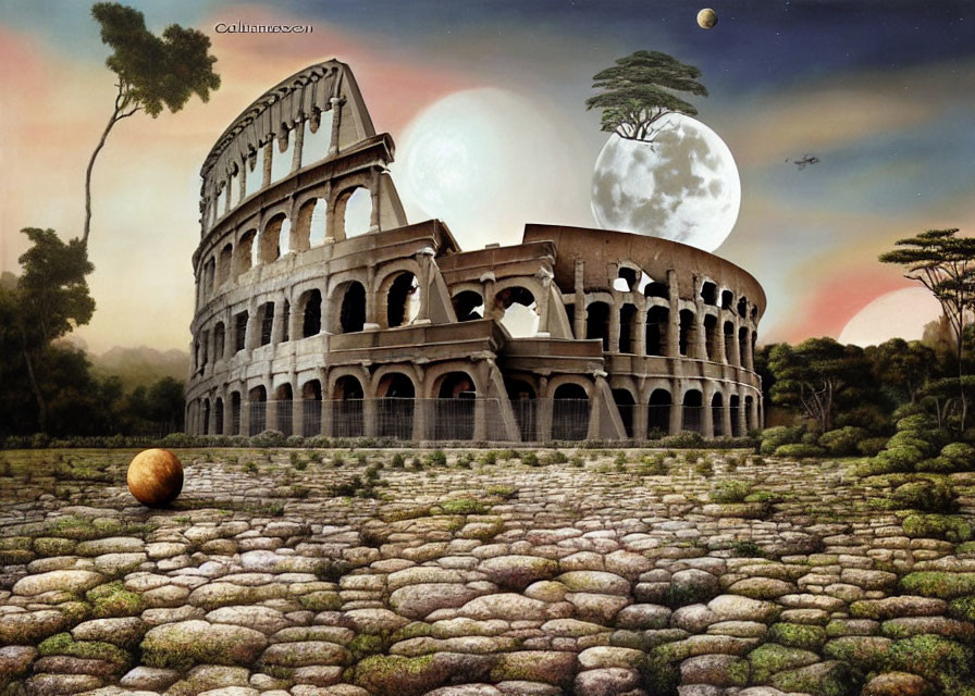 Surreal landscape with Colosseum, cracked ground, moons, tree, and orange sphere