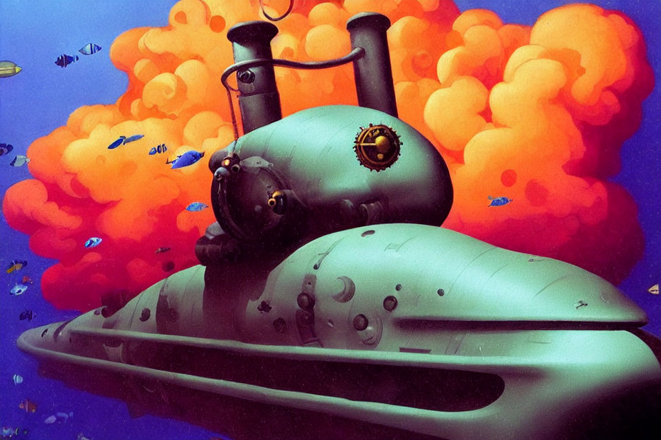 Colorful Cartoon Submarine Surrounded by Fish and Bubbles