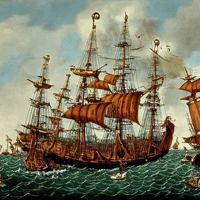 Detailed vintage maritime illustration with ornate galleons and smaller boats at sea