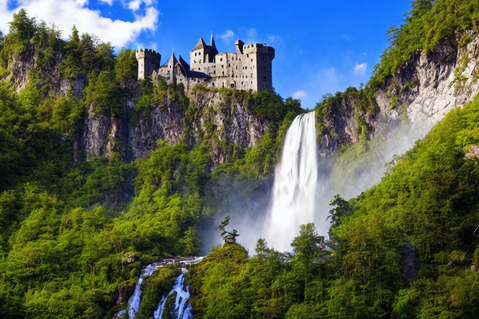 Majestic castle on cliff with waterfall in lush greenery