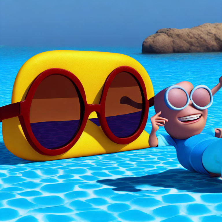 Stylized 3D animated character sunbathing by pool with oversized red sunglasses