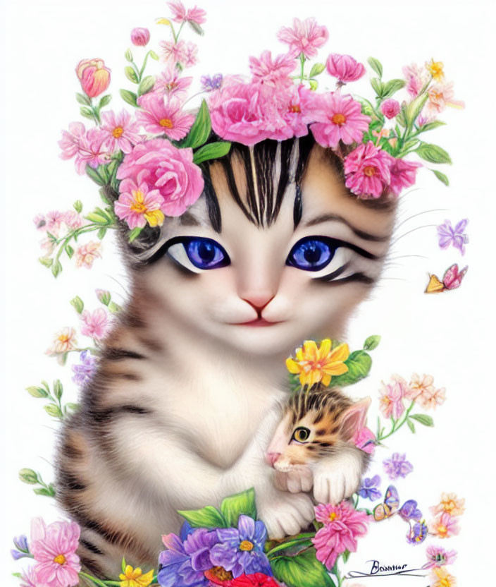 Whimsical kitten illustration with blue eyes, flower crown, and butterflies