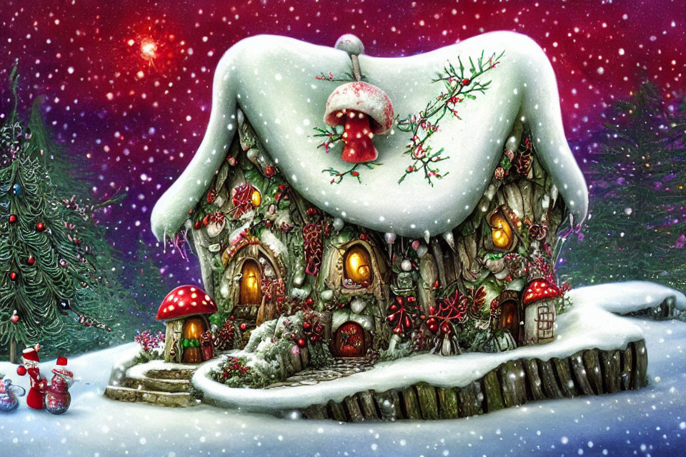 Snow-covered Christmas cottage with festive decorations in winter scene