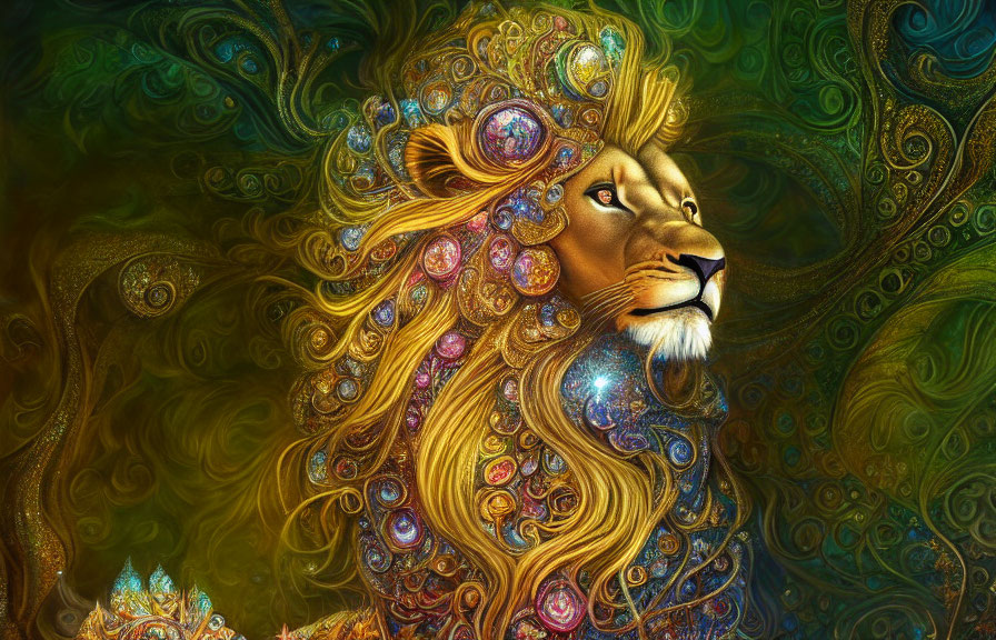 Colorful Ornate Lion with Jeweled Mane on Vibrant Green-Gold Background