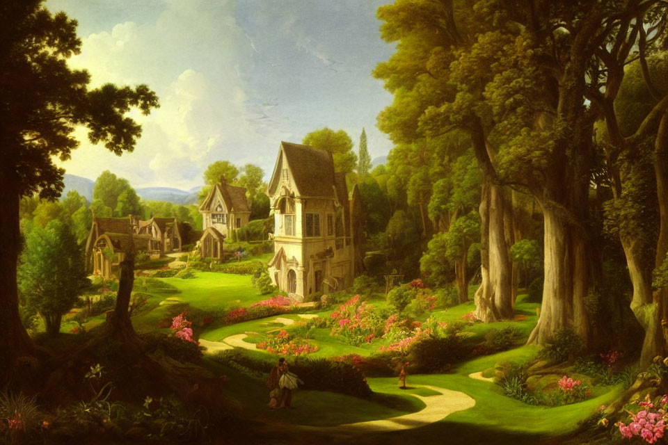 Idyllic landscape painting of lush greenery, towering trees, winding path, quaint village, vibrant