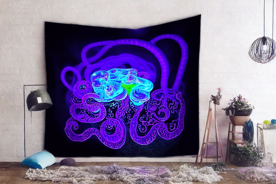 White-Walled Room with Vibrant Neon Octopus Tapestry & Decor