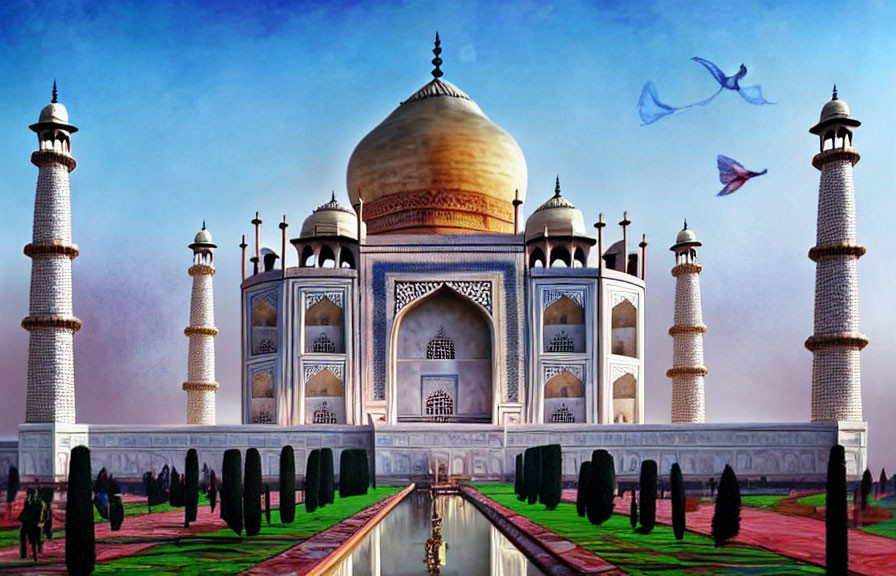 Iconic Taj Mahal with reflective pool and clear blue sky.