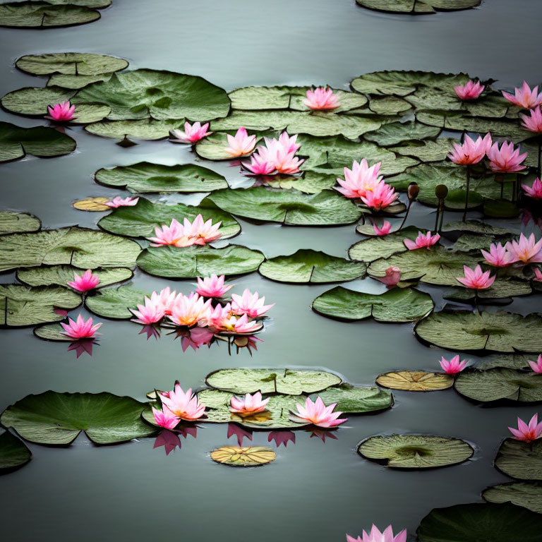 Tranquil pond with water lilies, lotus flowers, and lily pads