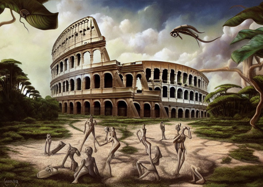 Surreal painting: Colosseum with anthropomorphic pencils in jungle setting