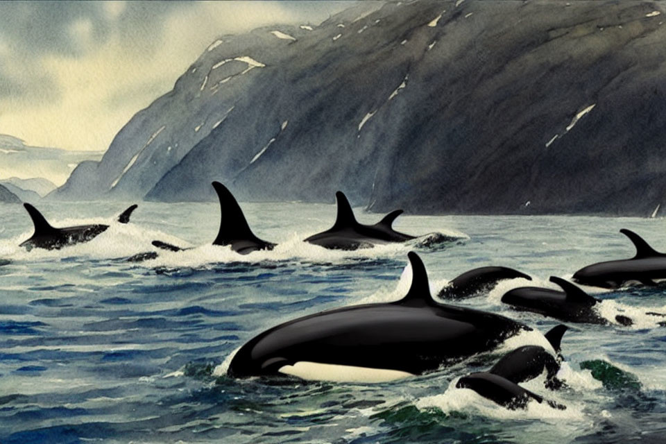 Pod of Orcas Swimming Near Snow-Covered Hills