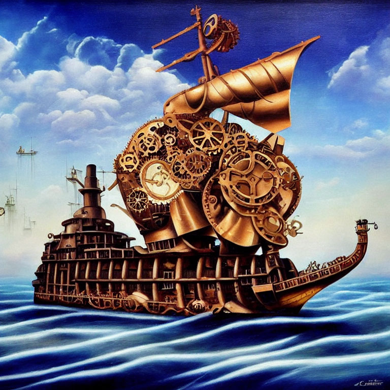 Intricate steampunk-style ship sailing on ocean