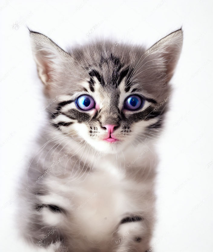 Blue-eyed kitten with pink nose on white background