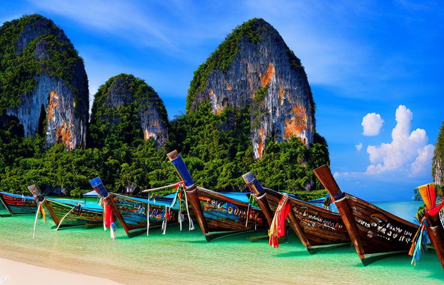 Tropical beach scene with traditional long-tail boats