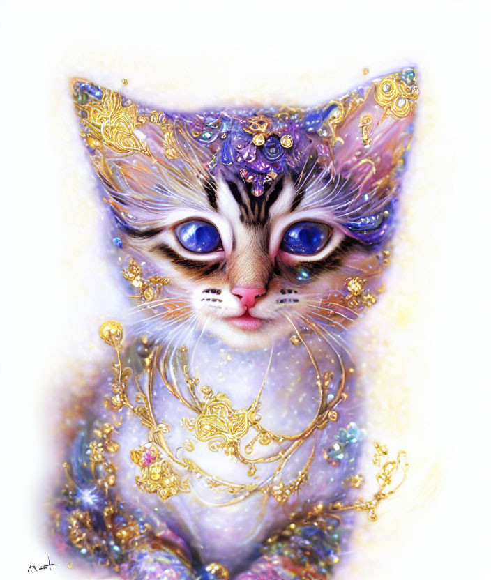 Whimsical digital painting of a kitten with blue eyes and ornate golden details