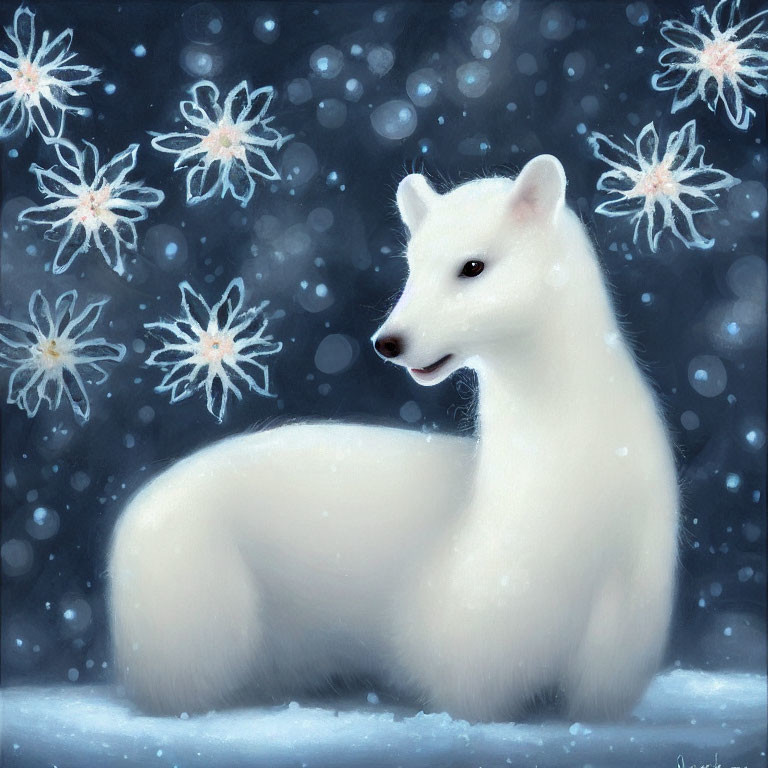 White Fox Surrounded by Snowflakes in Enchanted Winter Scene