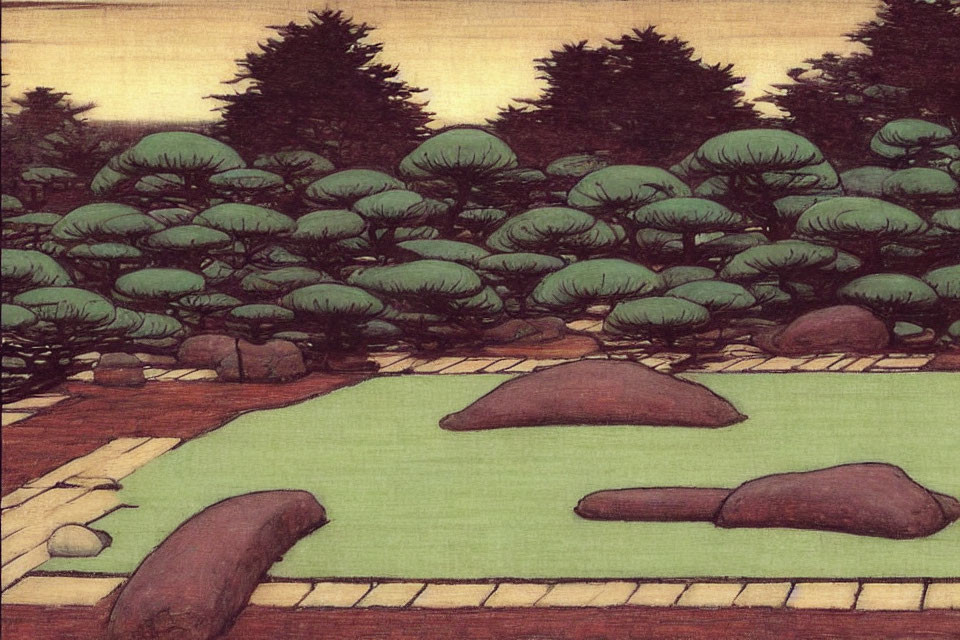 Serene garden drawing with green trees and a path