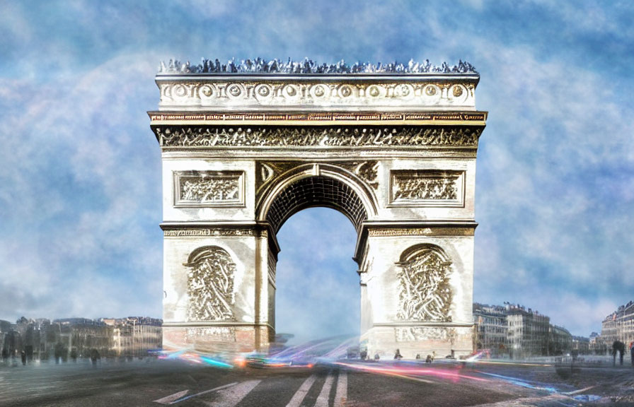 Long exposure photo of Arc de Triomphe with blurred traffic lights and crowds