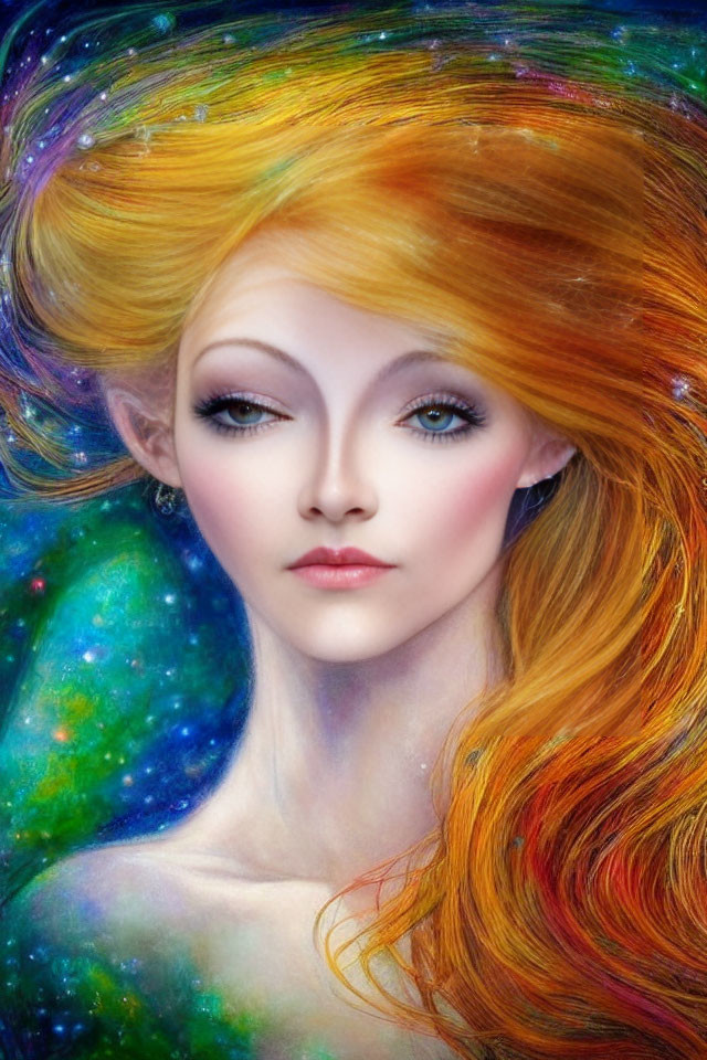 Vibrant cosmic illustration of female figure with flowing orange hair