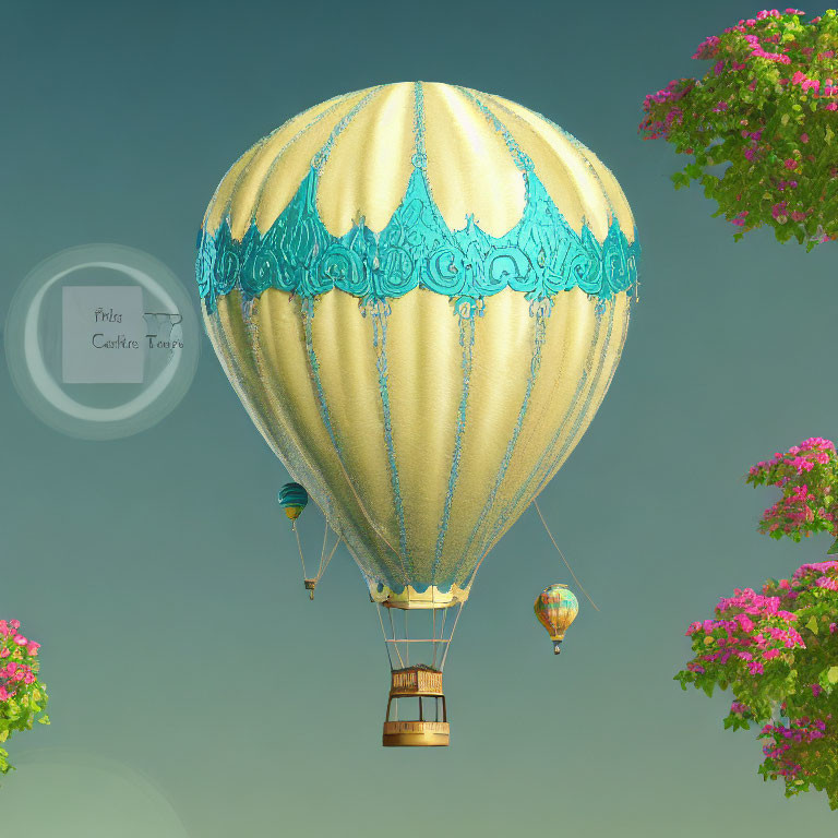 Golden hot air balloon with blue patterns floating in clear sky with pink flowering trees