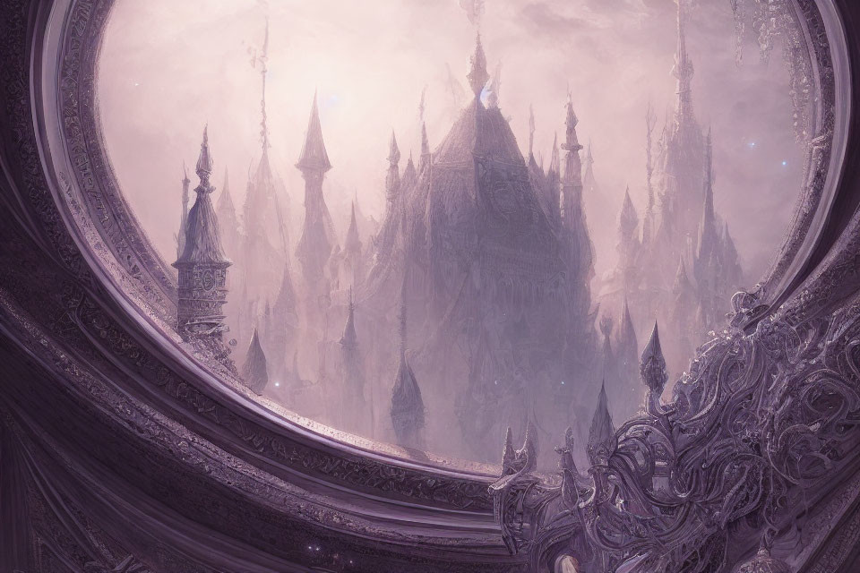 Fantasy castle with ornate spires in circular frame against purple sky