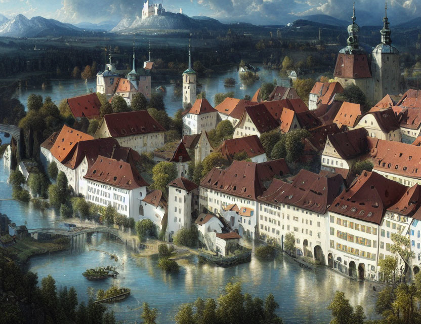 European town with historical buildings, river, castle, and greenery