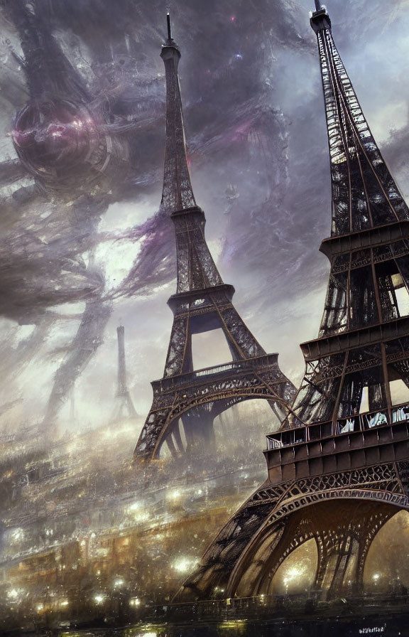 Surreal double Eiffel Towers in apocalyptic setting with dark clouds and mysterious lights