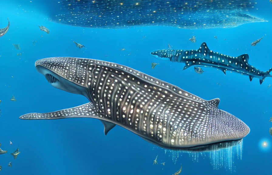 Whale sharks swimming in clear blue ocean with sunlight and smaller fish.