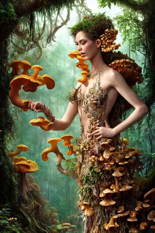 Woman in Mushroom Gown Stands in Enchanted Forest