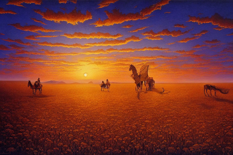 Three people on horseback in sunflower field at sunset with dog