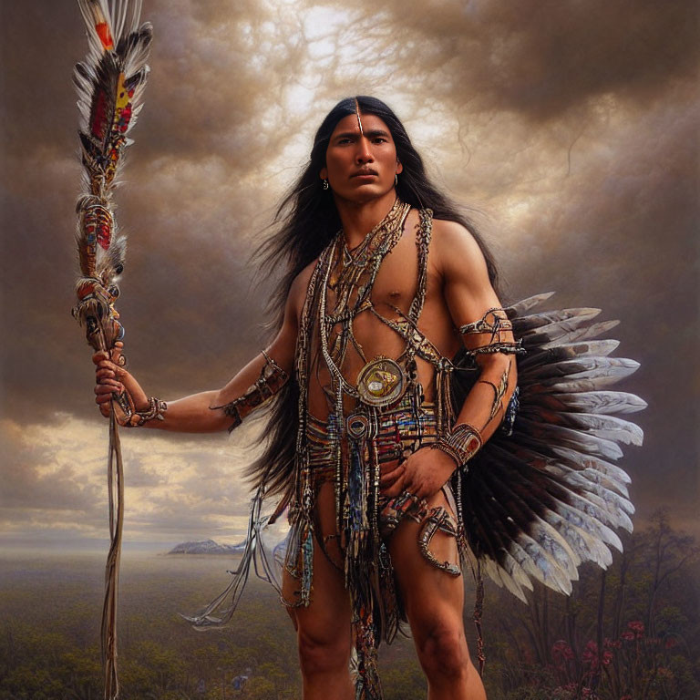 Native American warrior with staff and traditional regalia in dramatic landscape