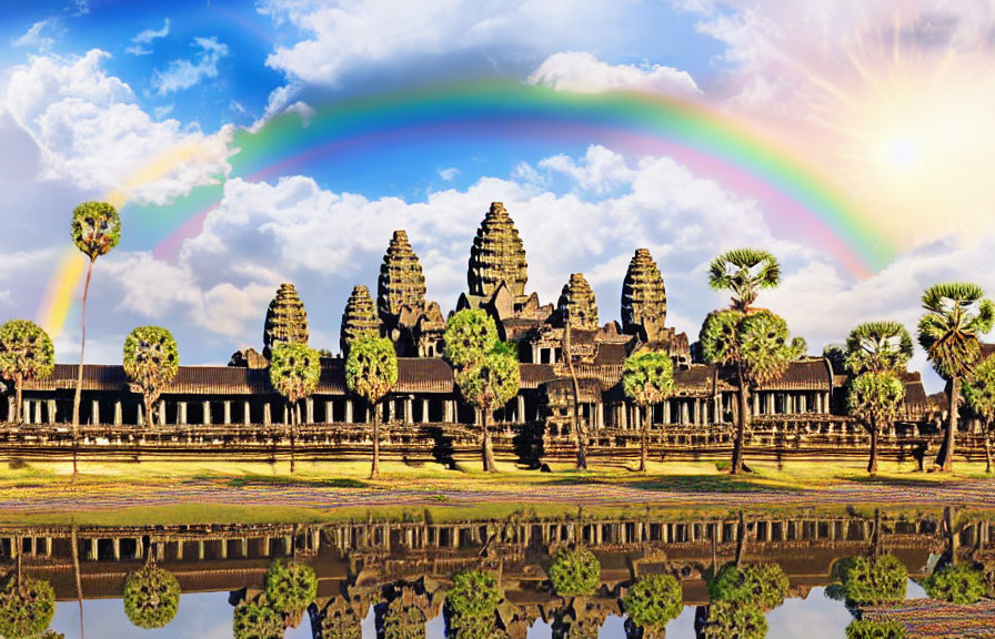 Ancient temple complex under bright rainbow and blue sky