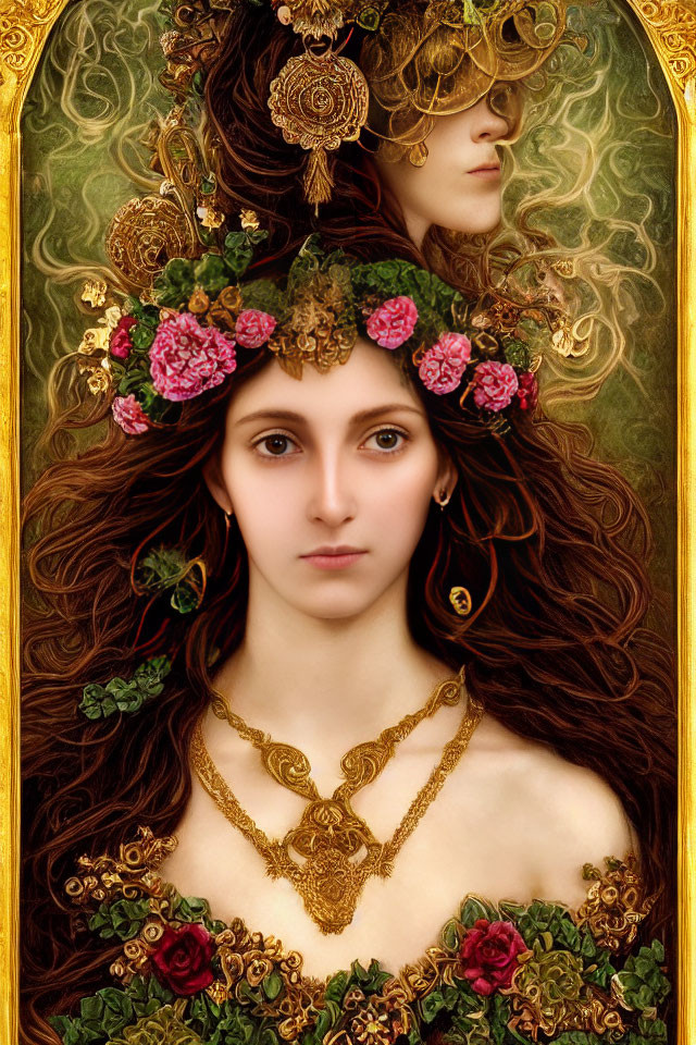 Detailed portrait of woman with brown hair and gold jewelry against intricate backdrop