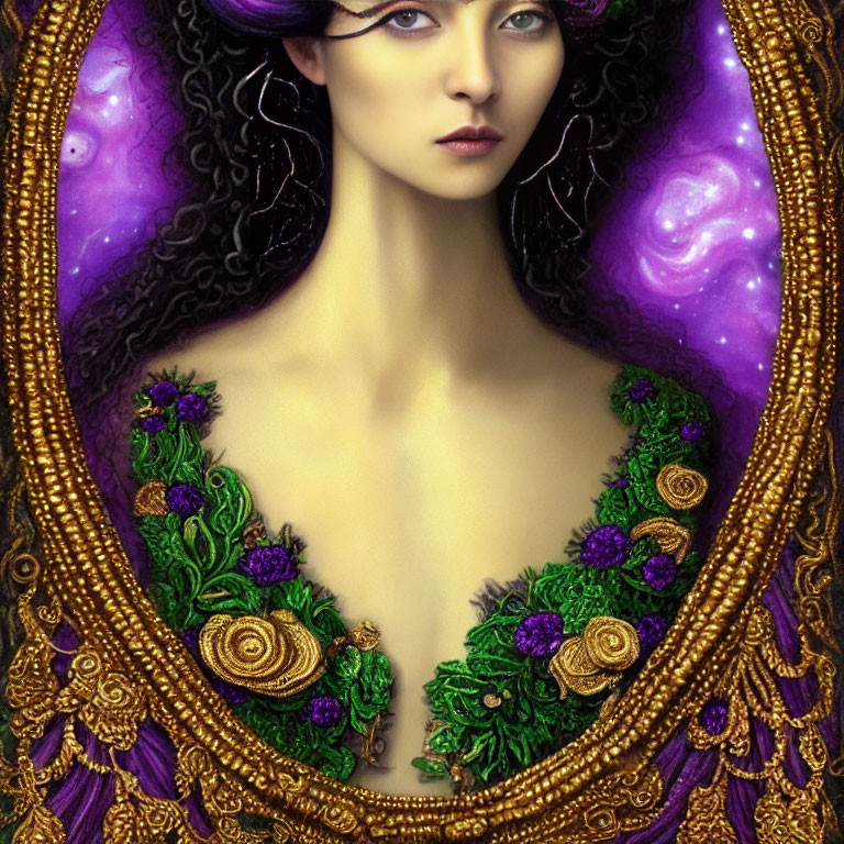 Illustration of Woman with Blue Eyes in Cosmic and Greenery Border