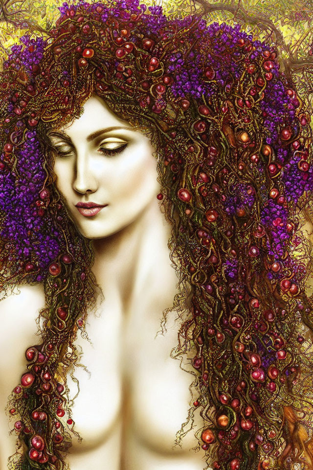 Digital artwork featuring woman with voluminous hair, jewelry, purple flowers, and red berries