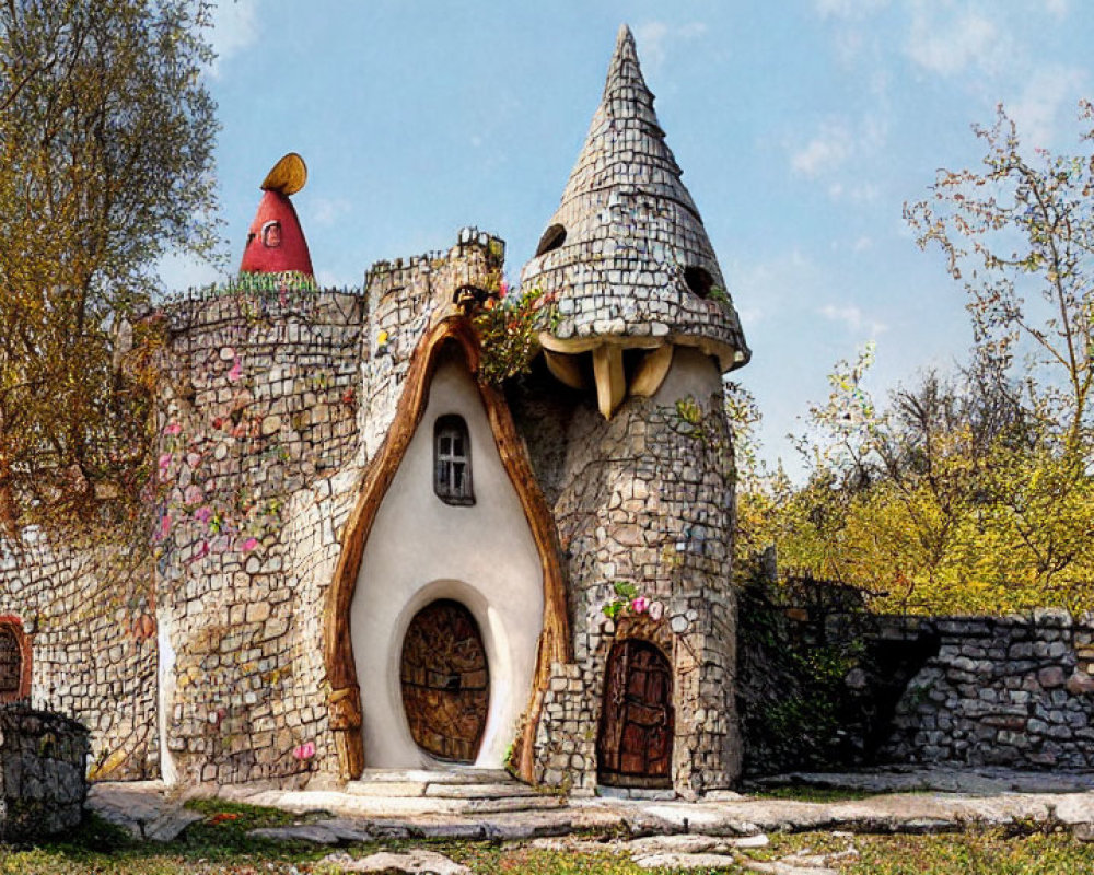 Whimsical stone cottage with conical roof in lush green setting