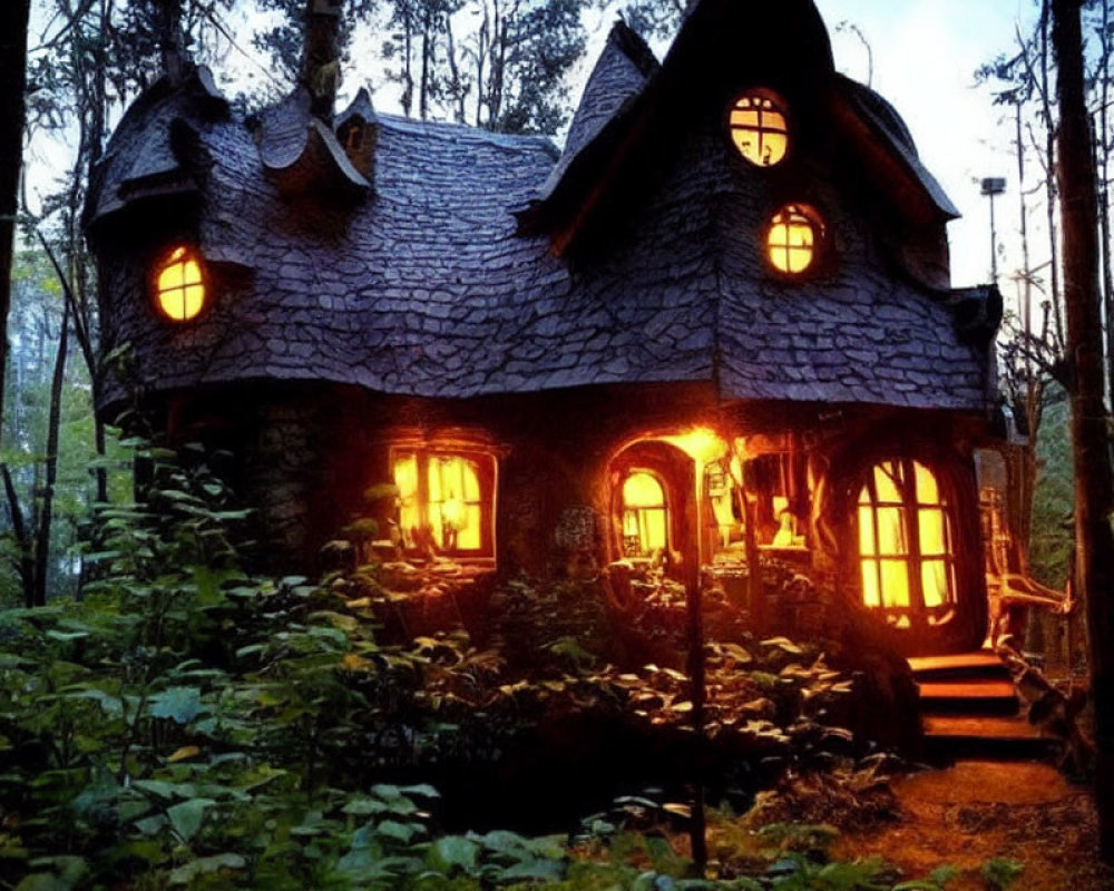 Enchanting Woodland Cottage with Curved Roof and Lit Windows