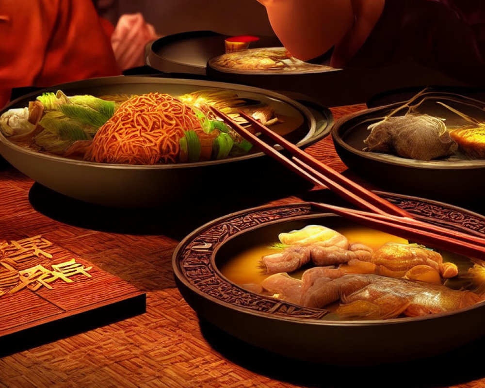 Traditional Asian meal with noodles and dumplings, people dining in background