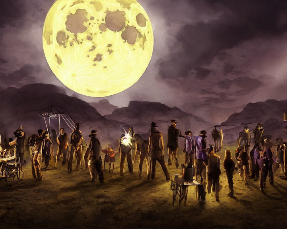 People in Western attire under large yellow moon in dusky desert landscape