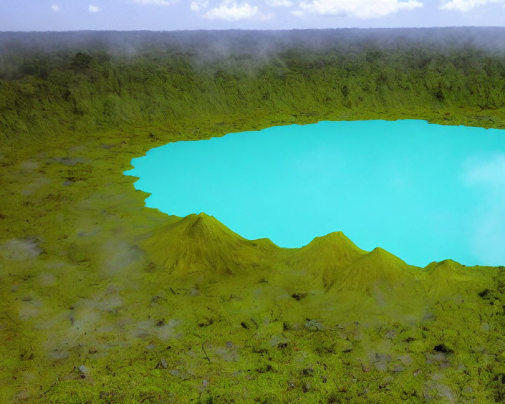 Scenic blue lake with green vegetation and mist under cloudy sky