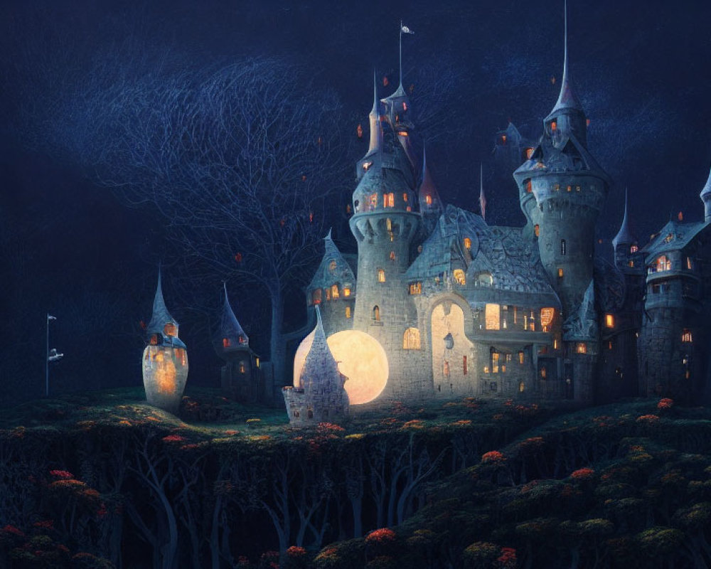 Mystical castle on cliff with autumn trees under glowing moon