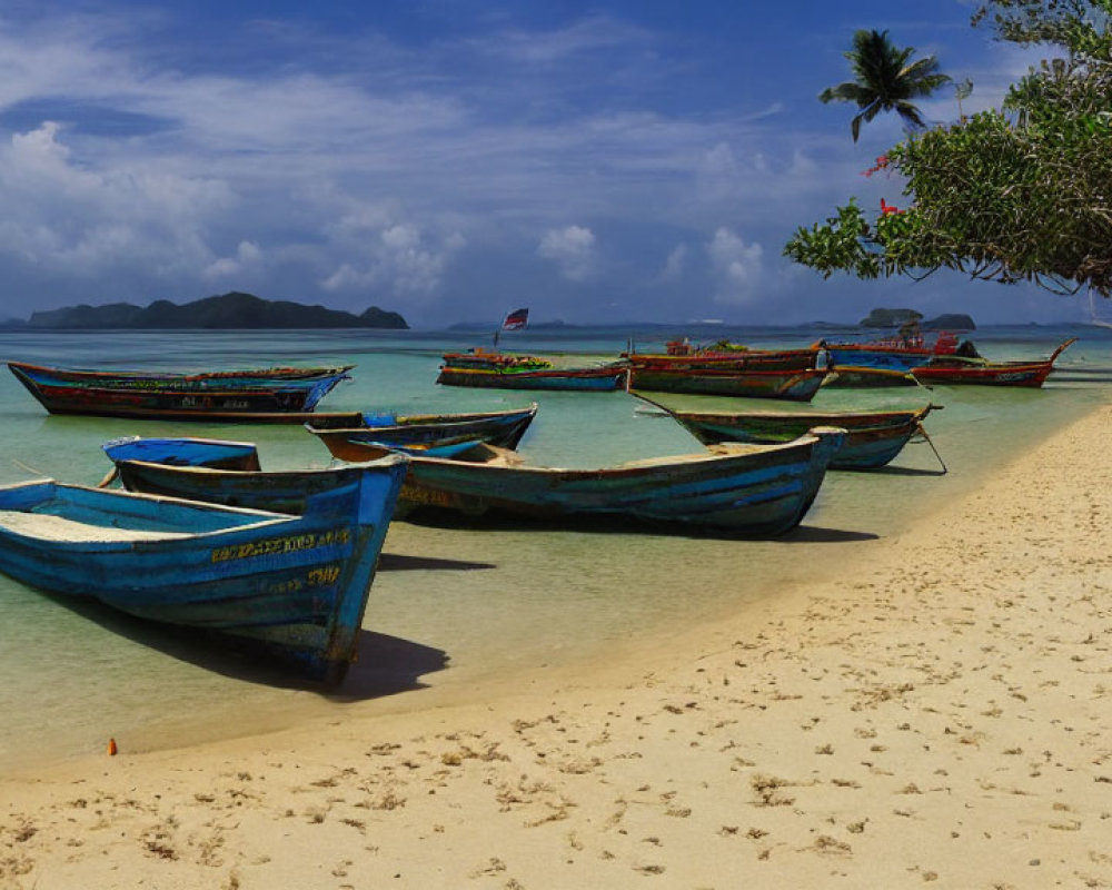 Wooden Boats on Sandy Beach with Clear Waters, Greenery, Mountains, Cloudy Sky