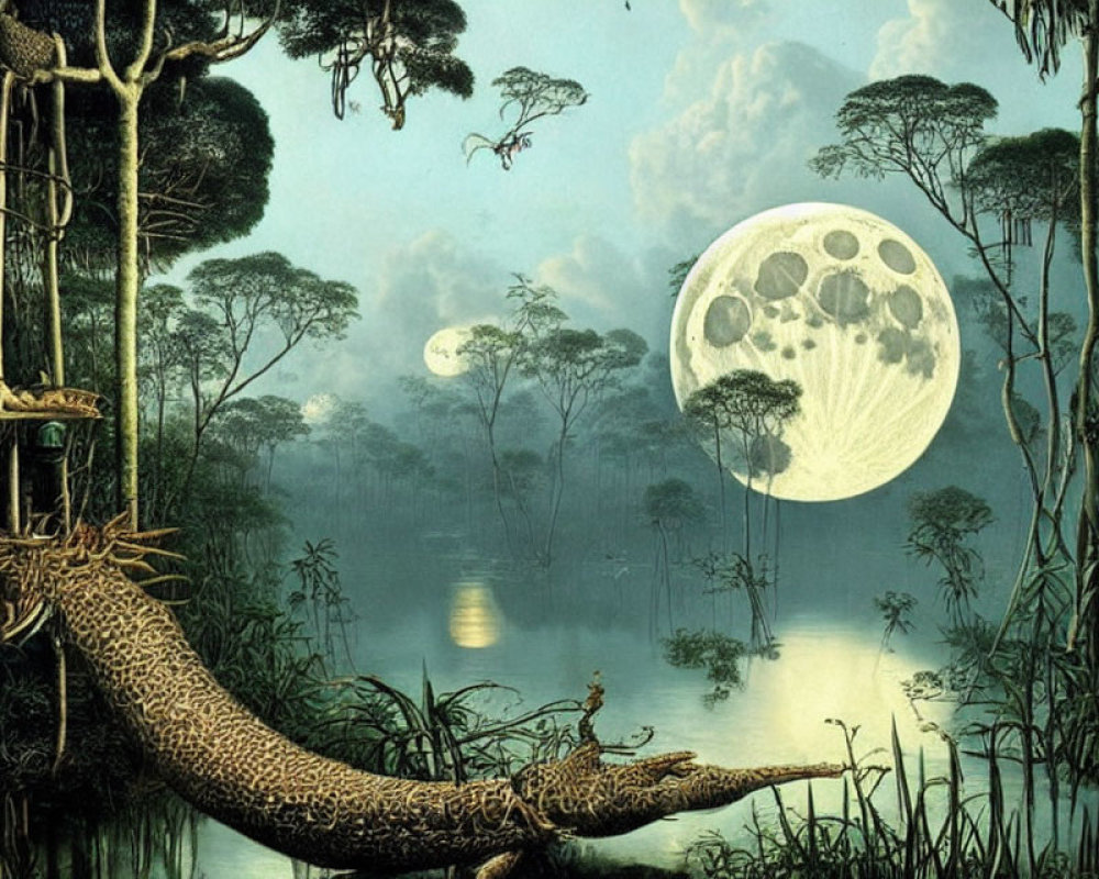 Enlarged moon illuminates surreal jungle waterway with detailed trees and jaguar