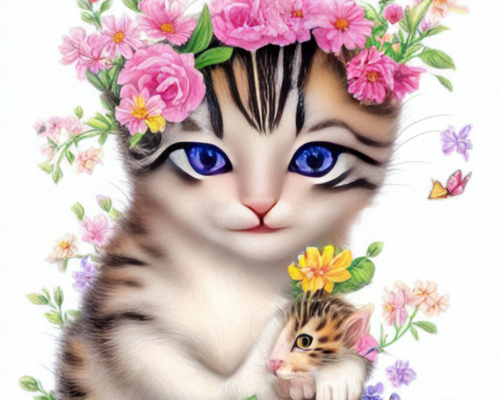 Whimsical kitten illustration with blue eyes, flower crown, and butterflies