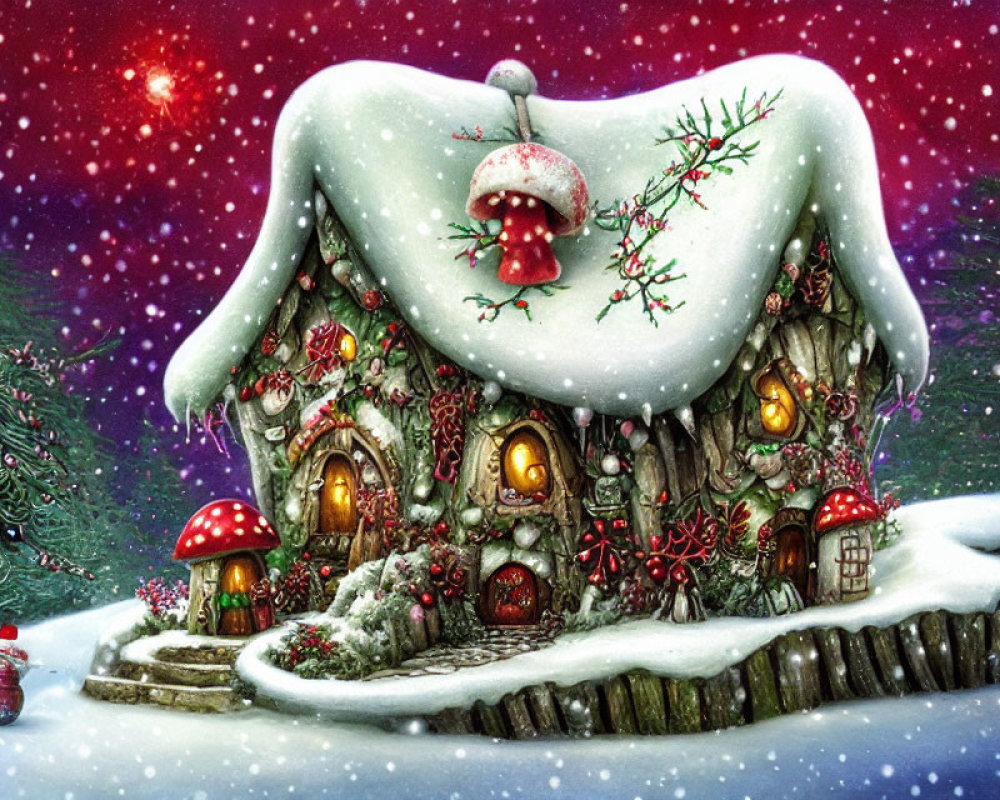 Snow-covered Christmas cottage with festive decorations in winter scene