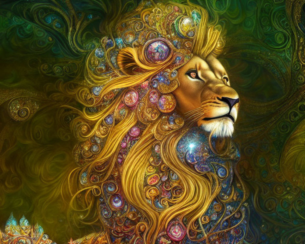 Colorful Ornate Lion with Jeweled Mane on Vibrant Green-Gold Background