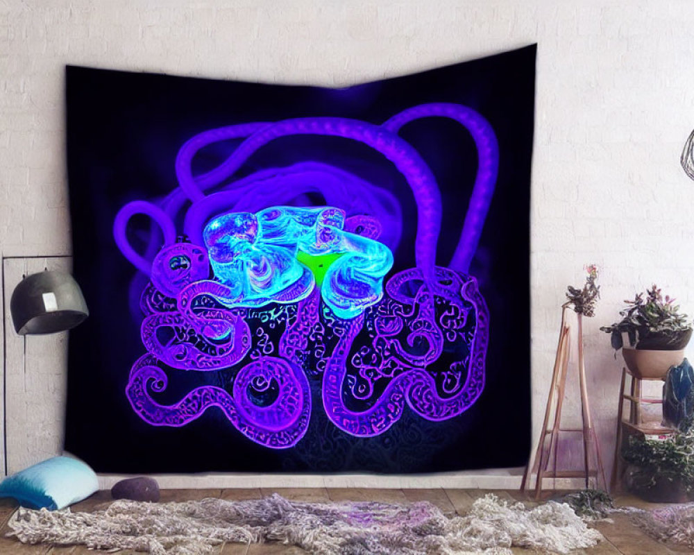 White-Walled Room with Vibrant Neon Octopus Tapestry & Decor