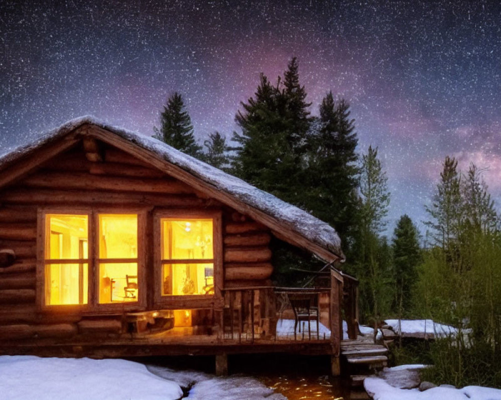 Snowy log cabin under starry night sky with warm light emanating from windows